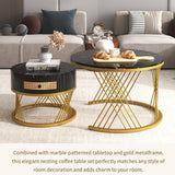 2-in-1 Round Coffee Table with Rattan Drawers and Gold Iron Legs, Marble Grain Veneer Top