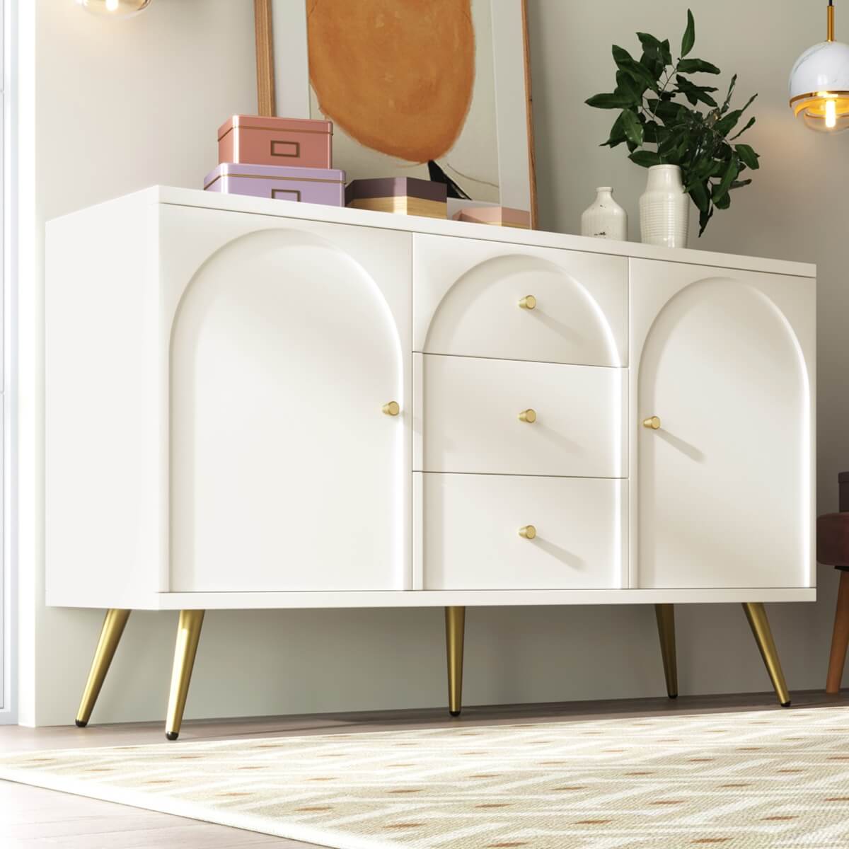 Cream White Sideboard Cabinet with 3 Drawers and 2 Doors - Living Room Storage Cupboard with Adjustable Shelf