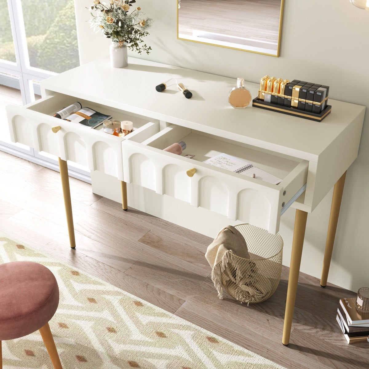 Cream White Dressing Table with 2 Drawers – Bedroom Sideboard, 76.5x100x45cm
