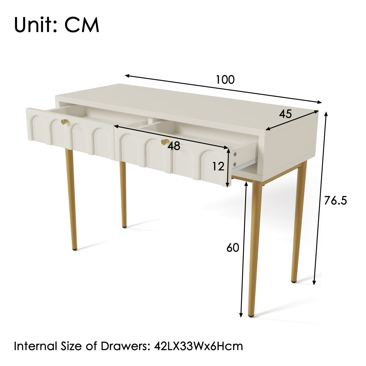 Cream White Dressing Table with 2 Drawers – Bedroom Sideboard, 76.5x100x45cm