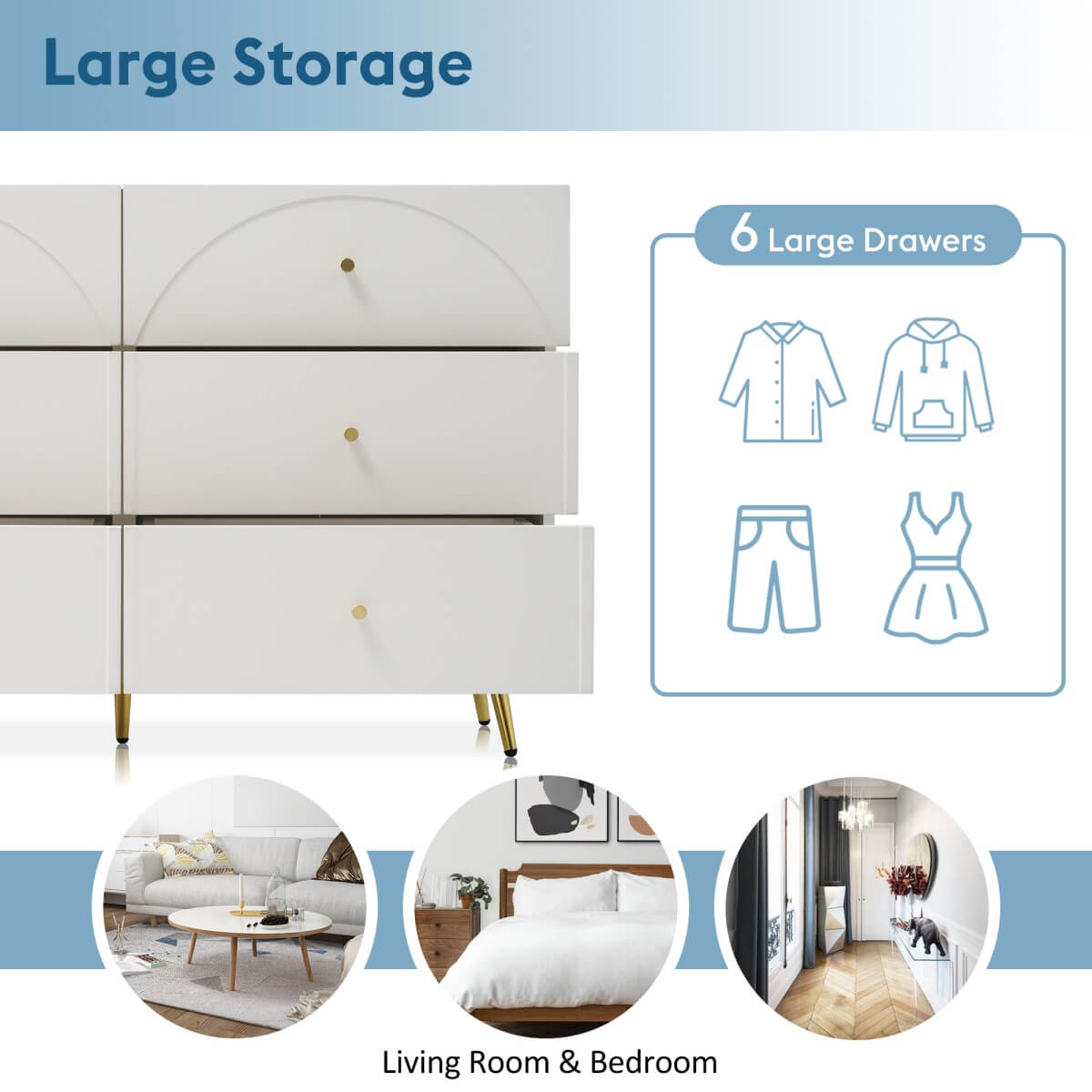 6-Drawer Chest of Drawers - Spacious Bedroom Storage Unit, Cream White