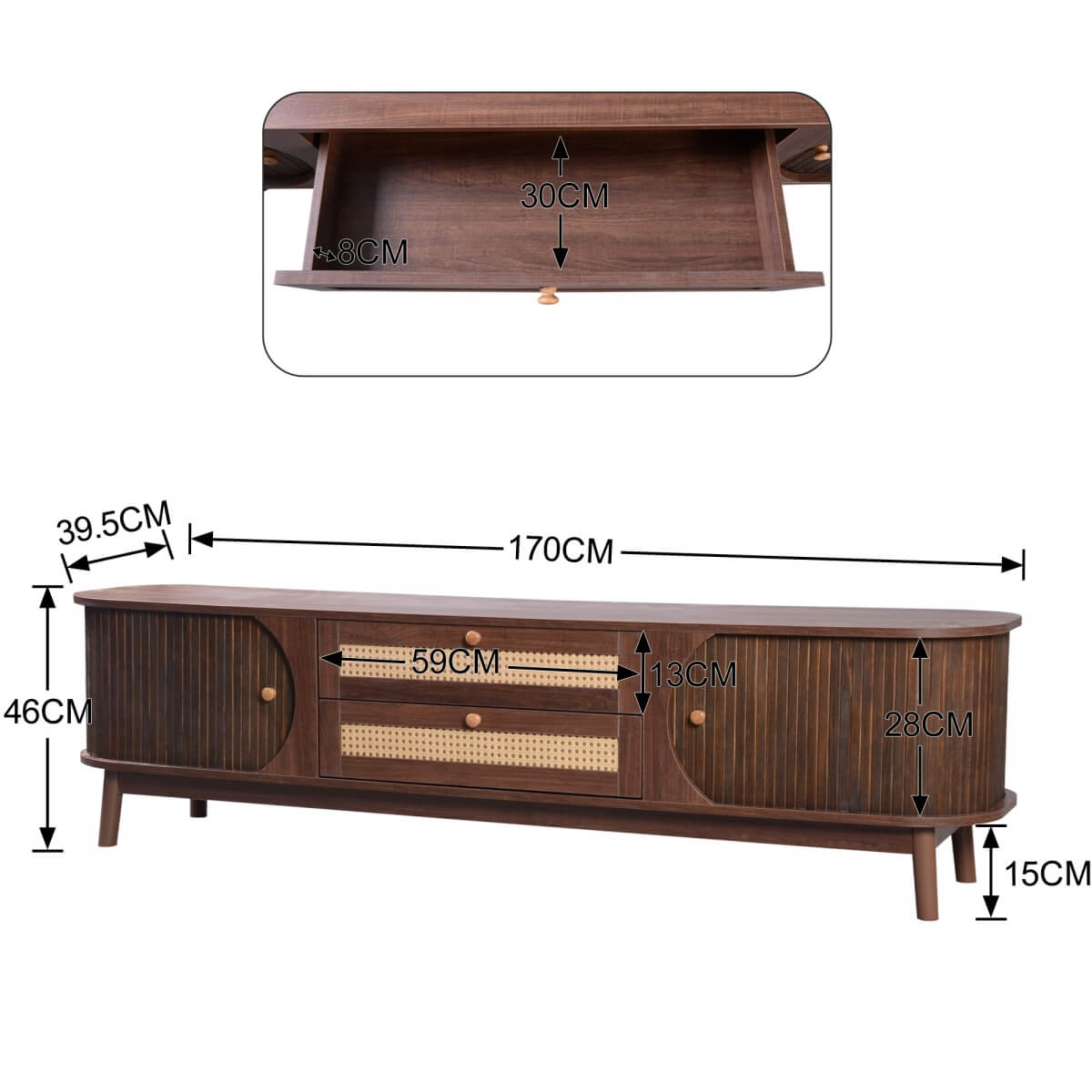 TV Unit with Rattan Effect Drawers and Doors - Country Style TV Stand with Storage, Natural Walnut Effect