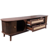 TV Unit with Rattan Effect Drawers and Doors - Country Style TV Stand with Storage, Natural Walnut Effect