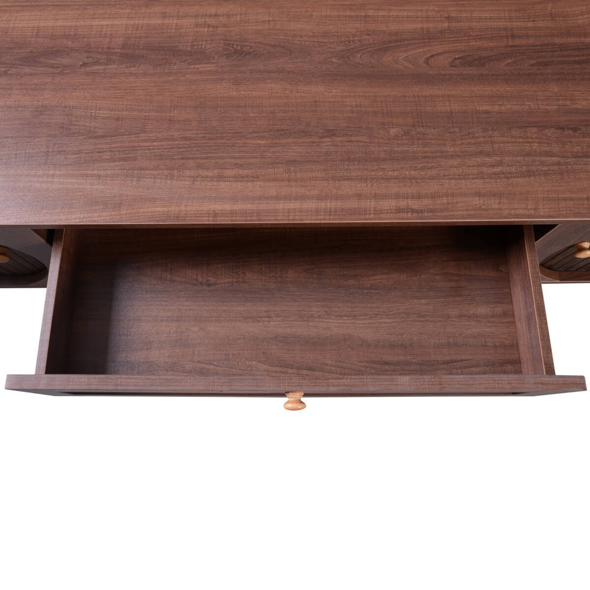 TV Unit with Rattan Effect Drawers and Doors - Country Style TV Stand with Storage, Natural Walnut Effect