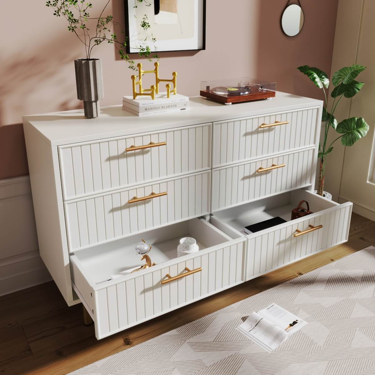 6-Drawer Chest of Drawers - Living Room Storage Unit with Spacious Drawers, White