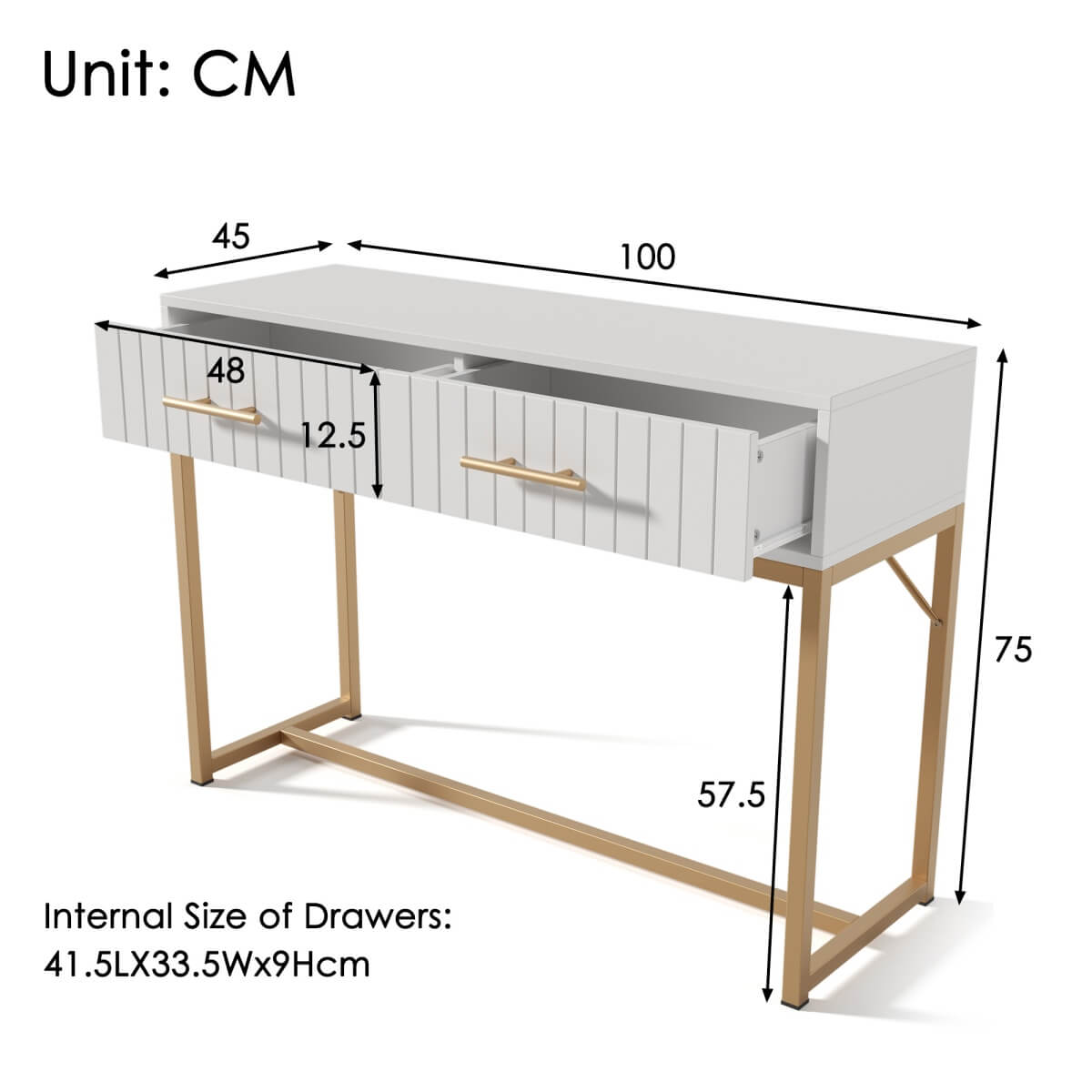 Dressing Table with 2 Drawers – White Bedroom Sideboard, 76.5x100x45cm