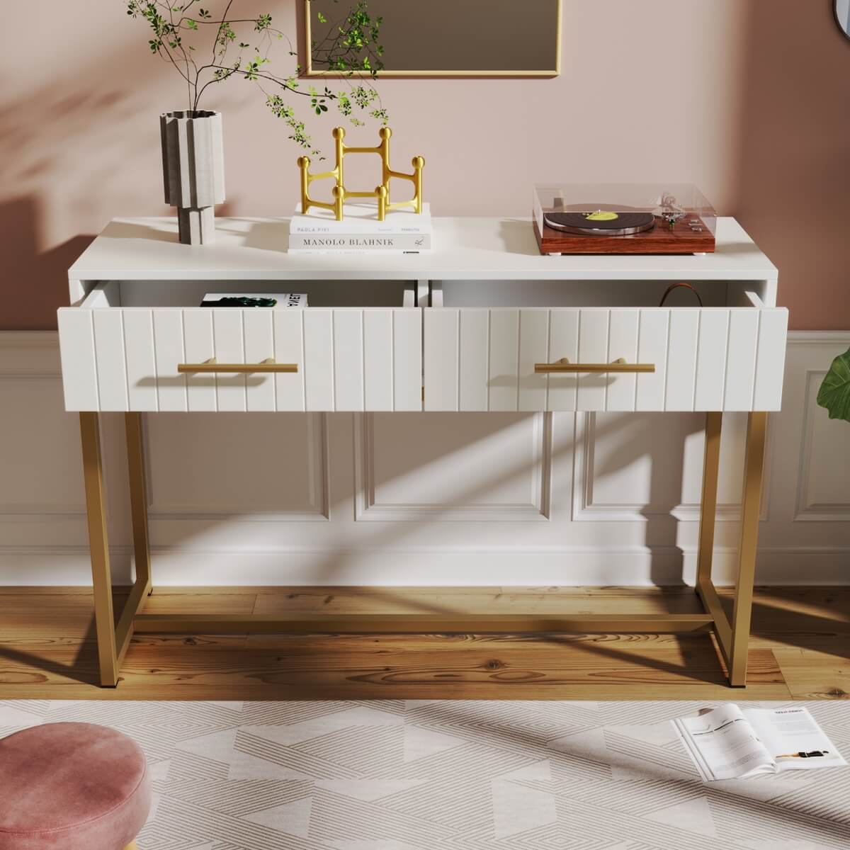 Dressing Table with 2 Drawers – White Bedroom Sideboard, 76.5x100x45cm