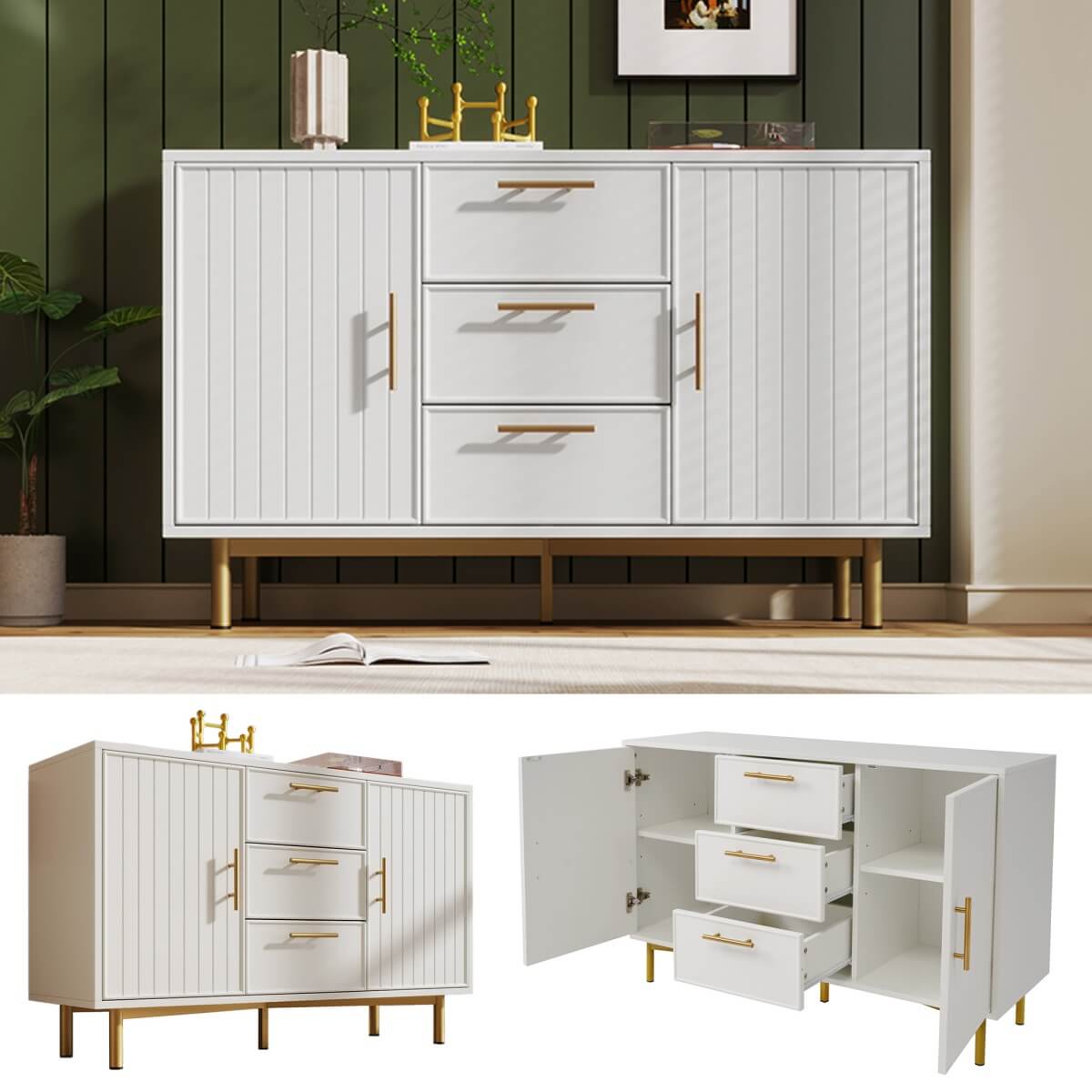 White Sideboard Cabinet with 3 Drawers and 2 Doors - Living Room Storage Cupboard with Adjustable Shelf