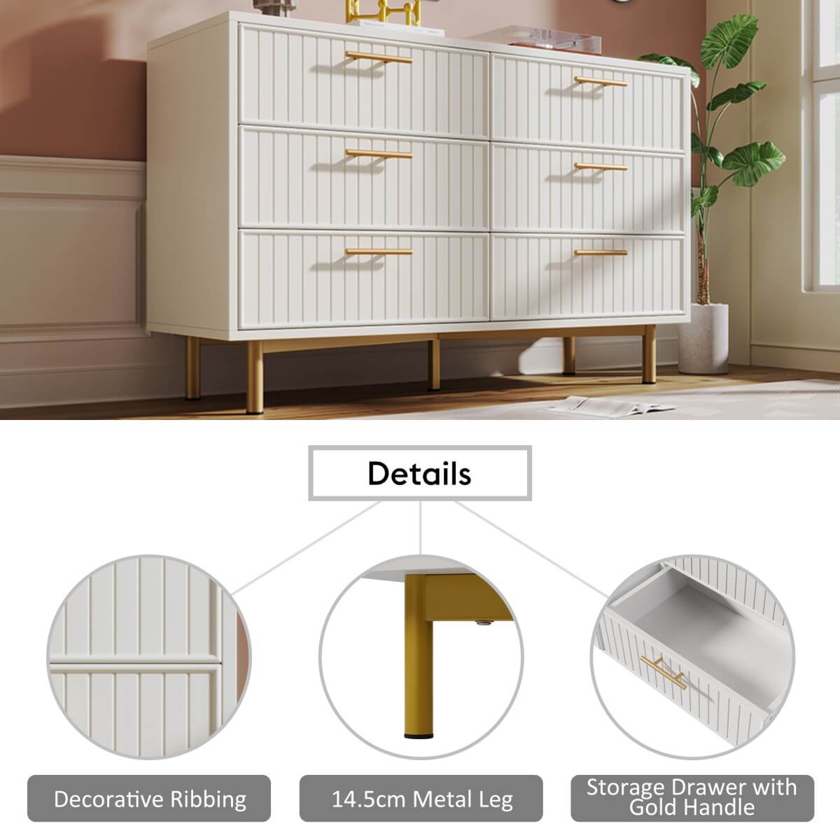 6-Drawer Chest of Drawers - Living Room Storage Unit with Spacious Drawers, White