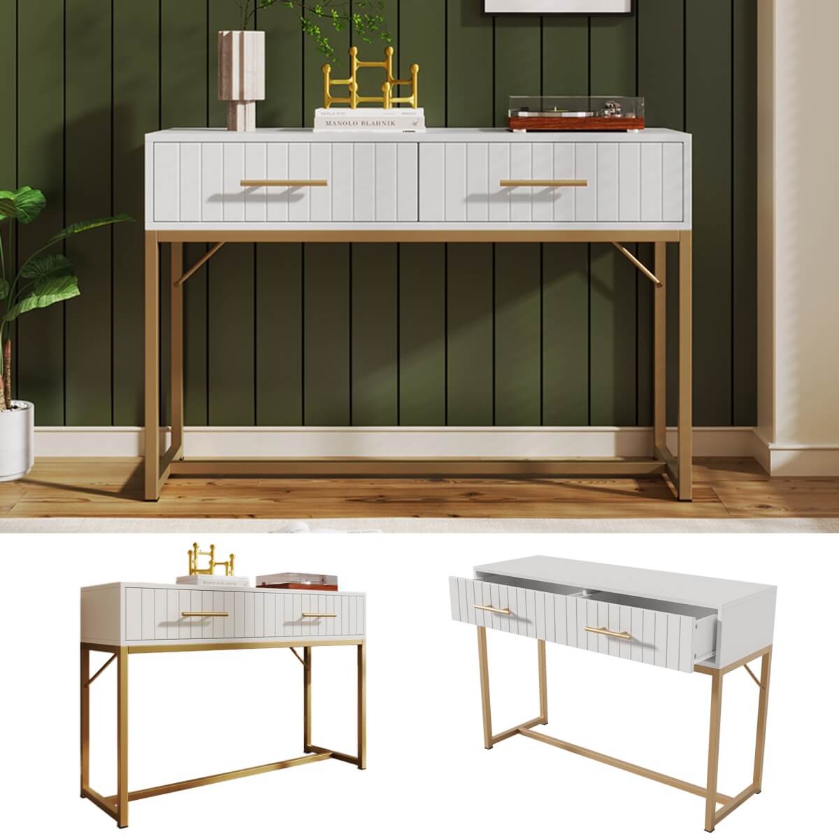 Dressing Table with 2 Drawers – White Bedroom Sideboard, 76.5x100x45cm