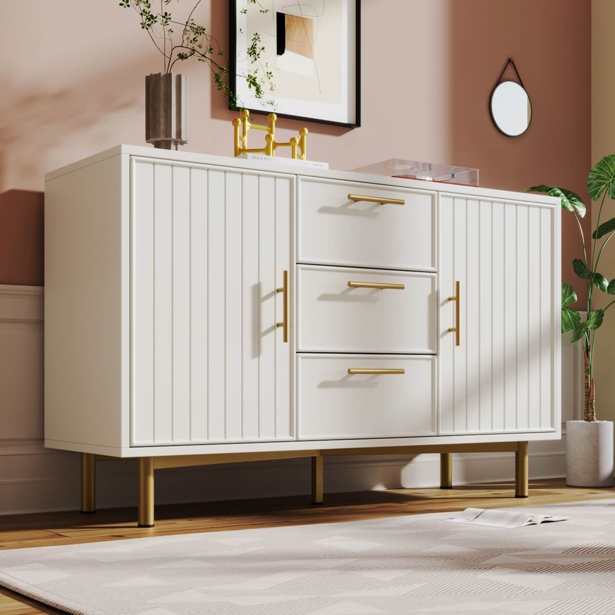 White Sideboard Cabinet with 3 Drawers and 2 Doors - Living Room Storage Cupboard with Adjustable Shelf