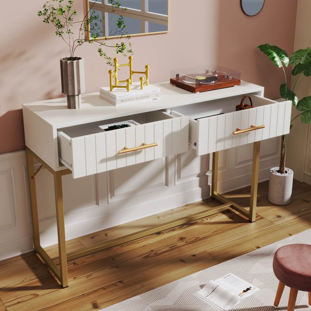 Dressing Table with 2 Drawers – White Bedroom Sideboard, 76.5x100x45cm