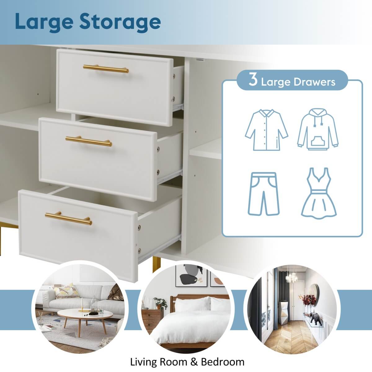 White Sideboard Cabinet with 3 Drawers and 2 Doors - Living Room Storage Cupboard with Adjustable Shelf