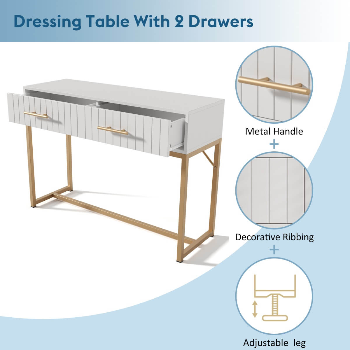 Dressing Table with 2 Drawers – White Bedroom Sideboard, 76.5x100x45cm