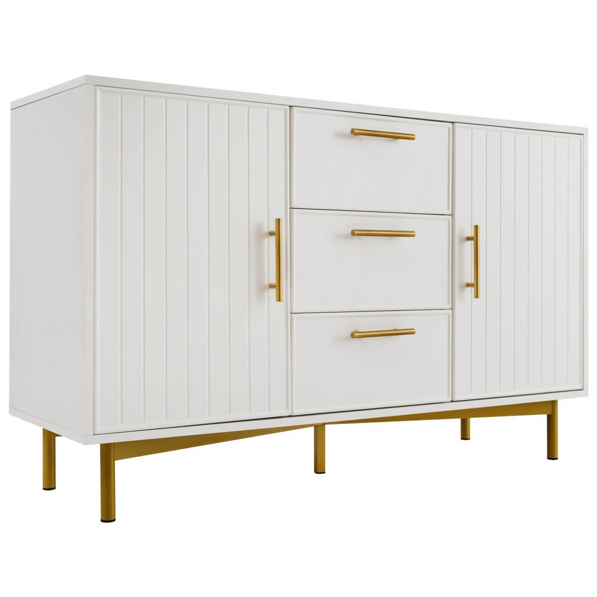 White Sideboard Cabinet with 3 Drawers and 2 Doors - Living Room Storage Cupboard with Adjustable Shelf