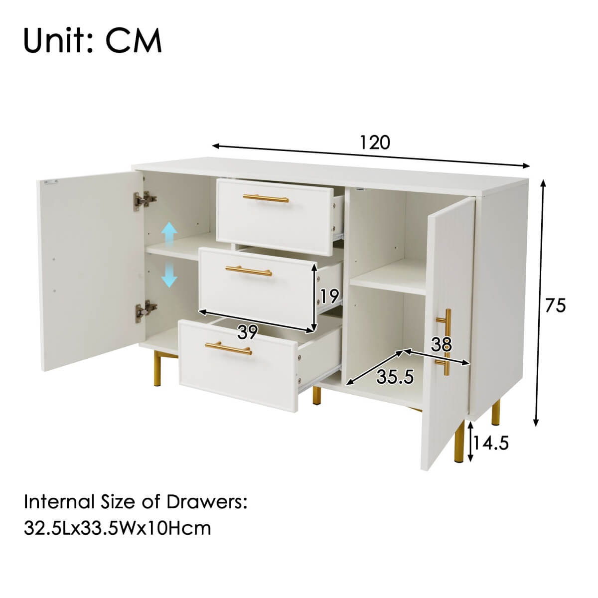 White Sideboard Cabinet with 3 Drawers and 2 Doors - Living Room Storage Cupboard with Adjustable Shelf