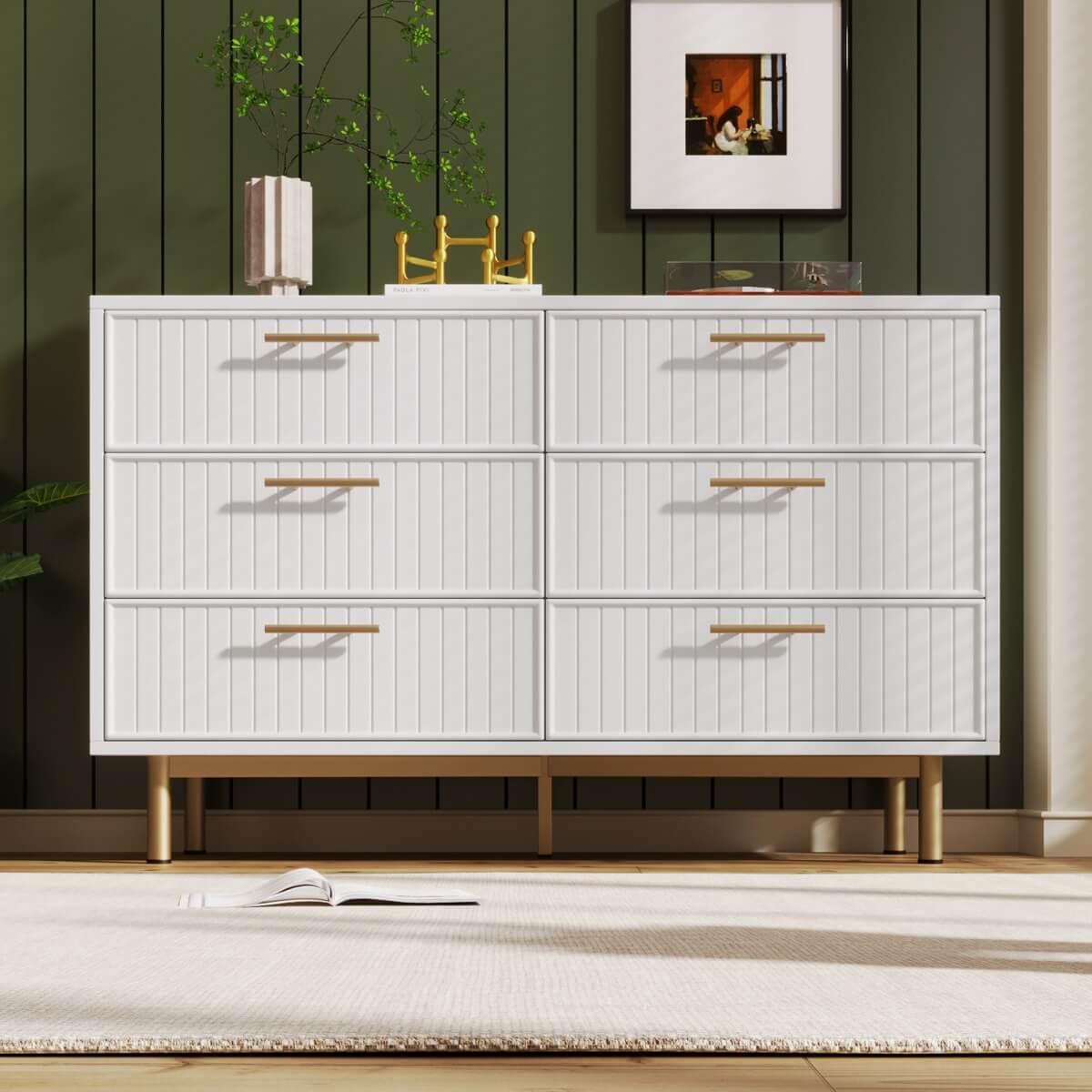 6-Drawer Chest of Drawers - Living Room Storage Unit with Spacious Drawers, White