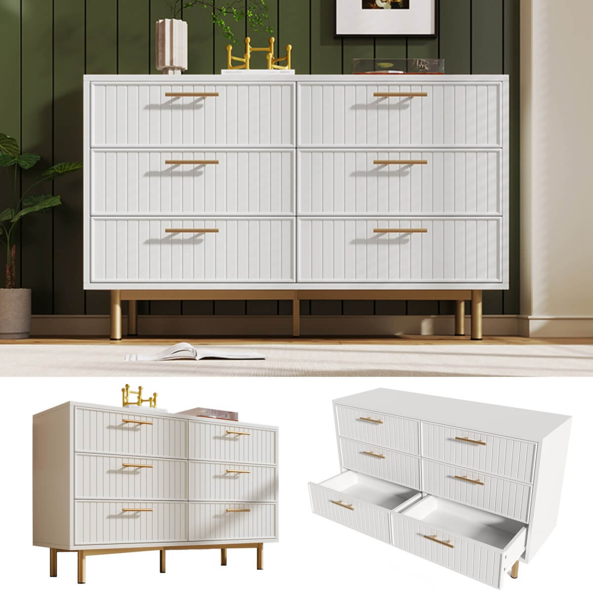 6-Drawer Chest of Drawers - Living Room Storage Unit with Spacious Drawers, White