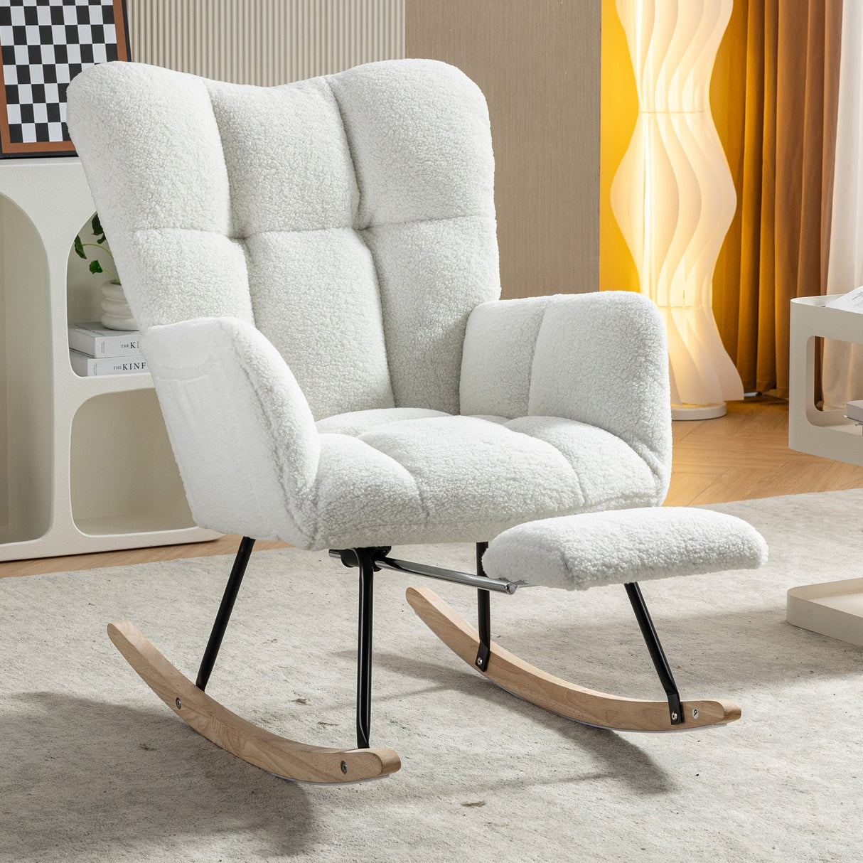 New Modern Teddy Fabric Tufted Upholstered Rocking Chair with Pull-Out Footrest, White