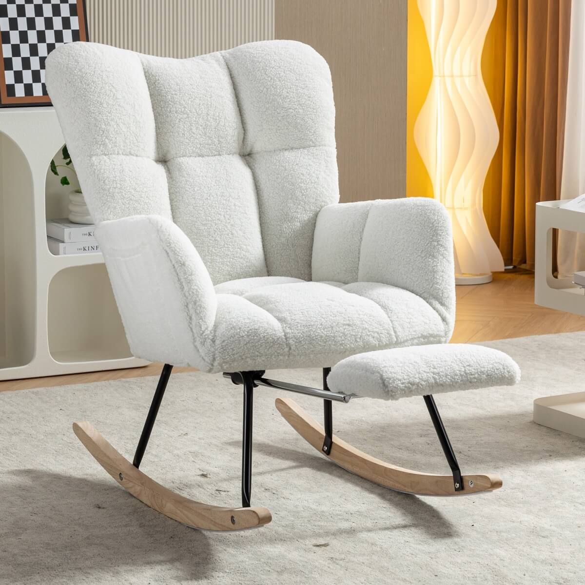 Teddy Fabric Rocking Chair with Pull Out Footrest - Tufted Upholstered Armchair, White