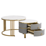 Coffee Table Set, 2-in-1 MDF Round Coffee Table with 2 Drawers & Side Table, White and Grey