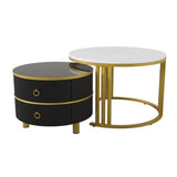 2-in-1 Round Coffee Table Set with Side Table, 2 Drawers, White and Black