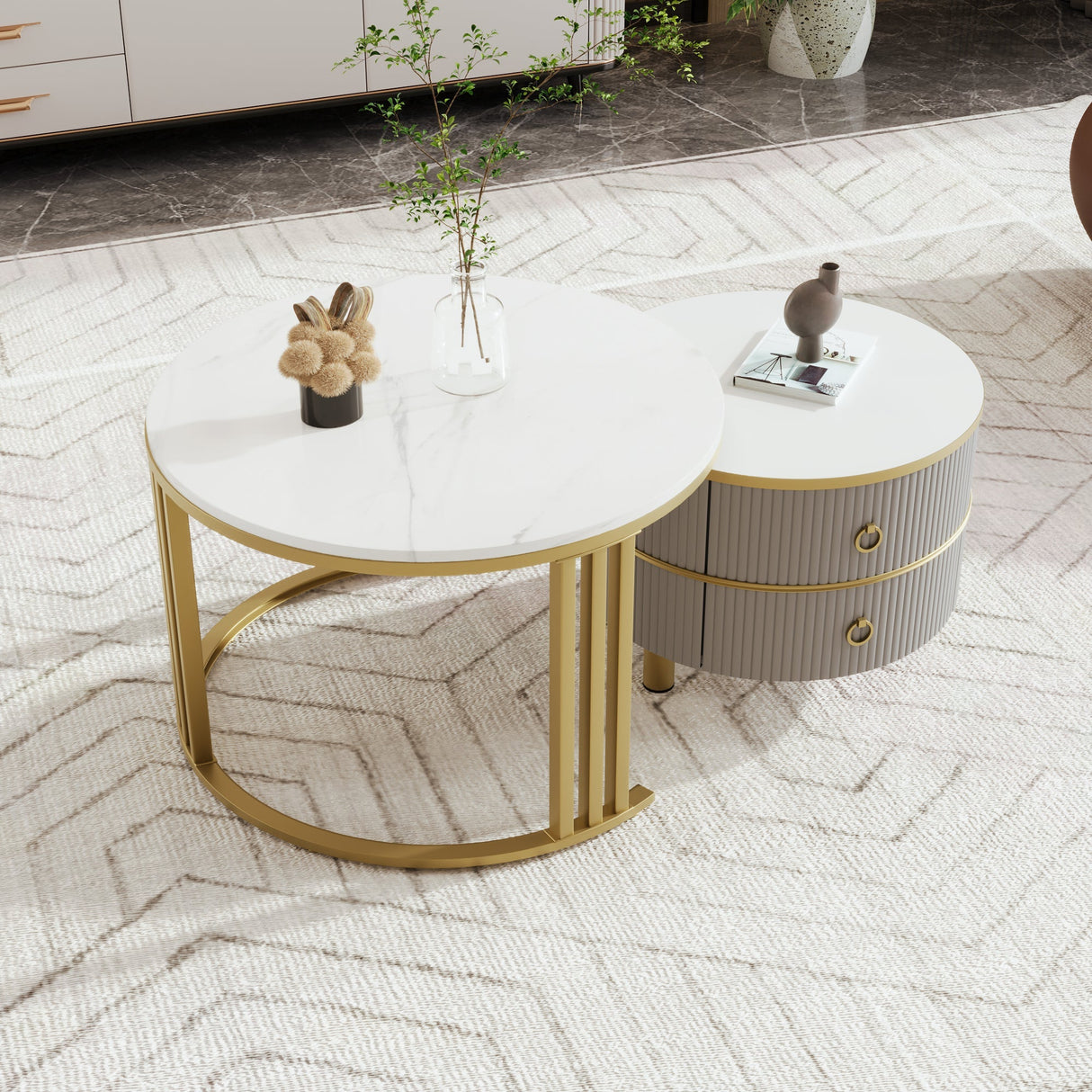 Coffee Table Set, 2-in-1 MDF Round Coffee Table with 2 Drawers & Side Table, White and Grey