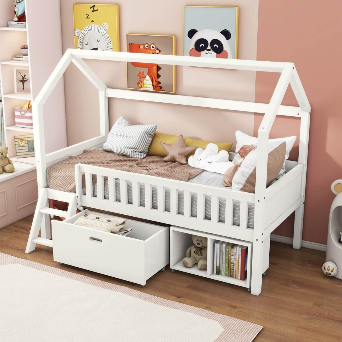 3ft Kids Single Bed – White Wooden Storage Bed with Drawers and Safety Guard Rails