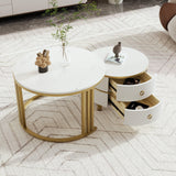 Coffee Table Set, 2-in-1 Round MDF & Side Table with Drawers, White