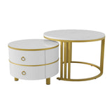 Coffee Table Set, 2-in-1 Round MDF & Side Table with Drawers, White