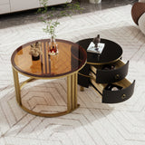 2-in-1 Round Coffee Table Set with 2 Drawers, MDF & Tempered Glass, Brown