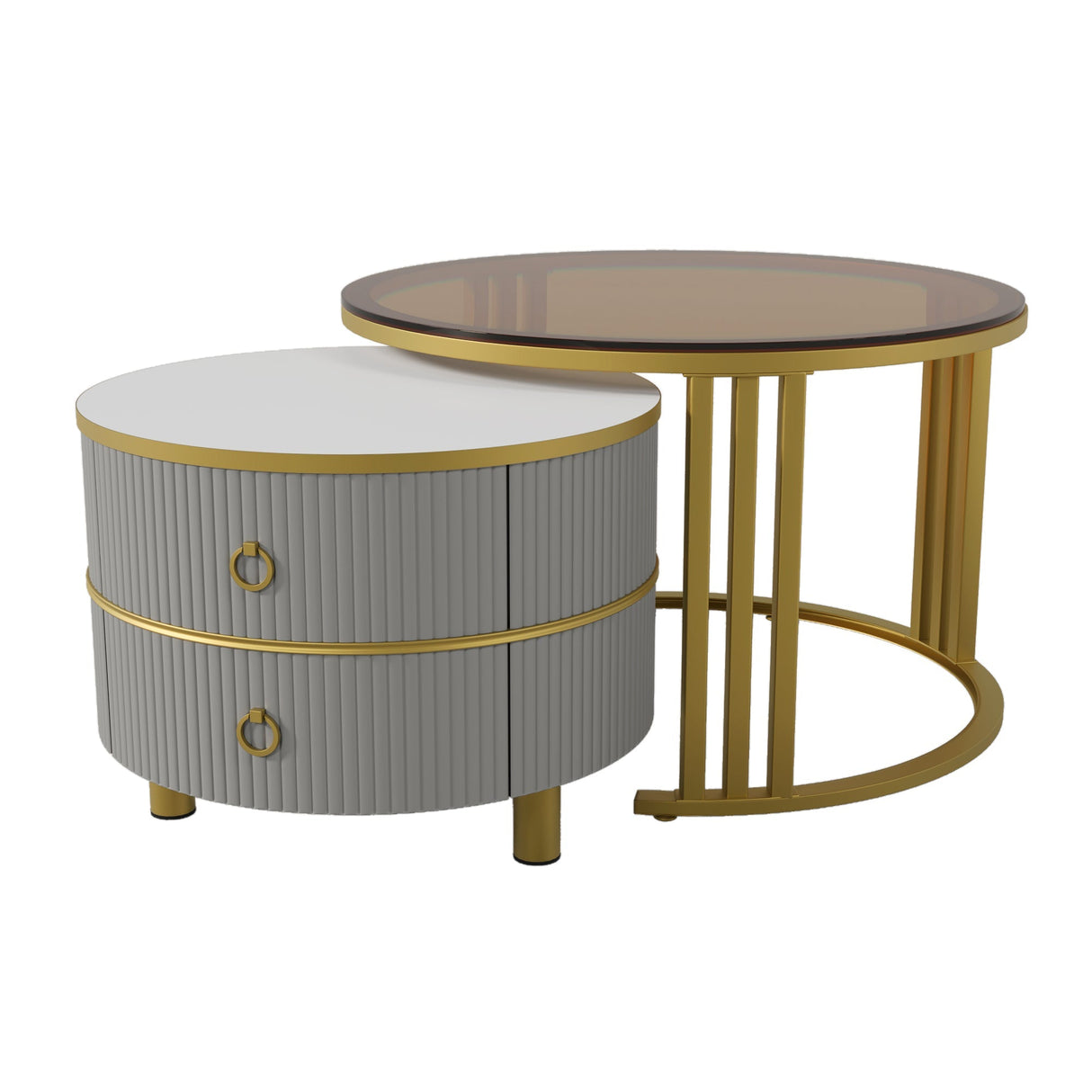 2-in-1 Round Coffee Table Set with High-Gloss Top, Tempered Glass Side Table, and 2 Drawers, Brown