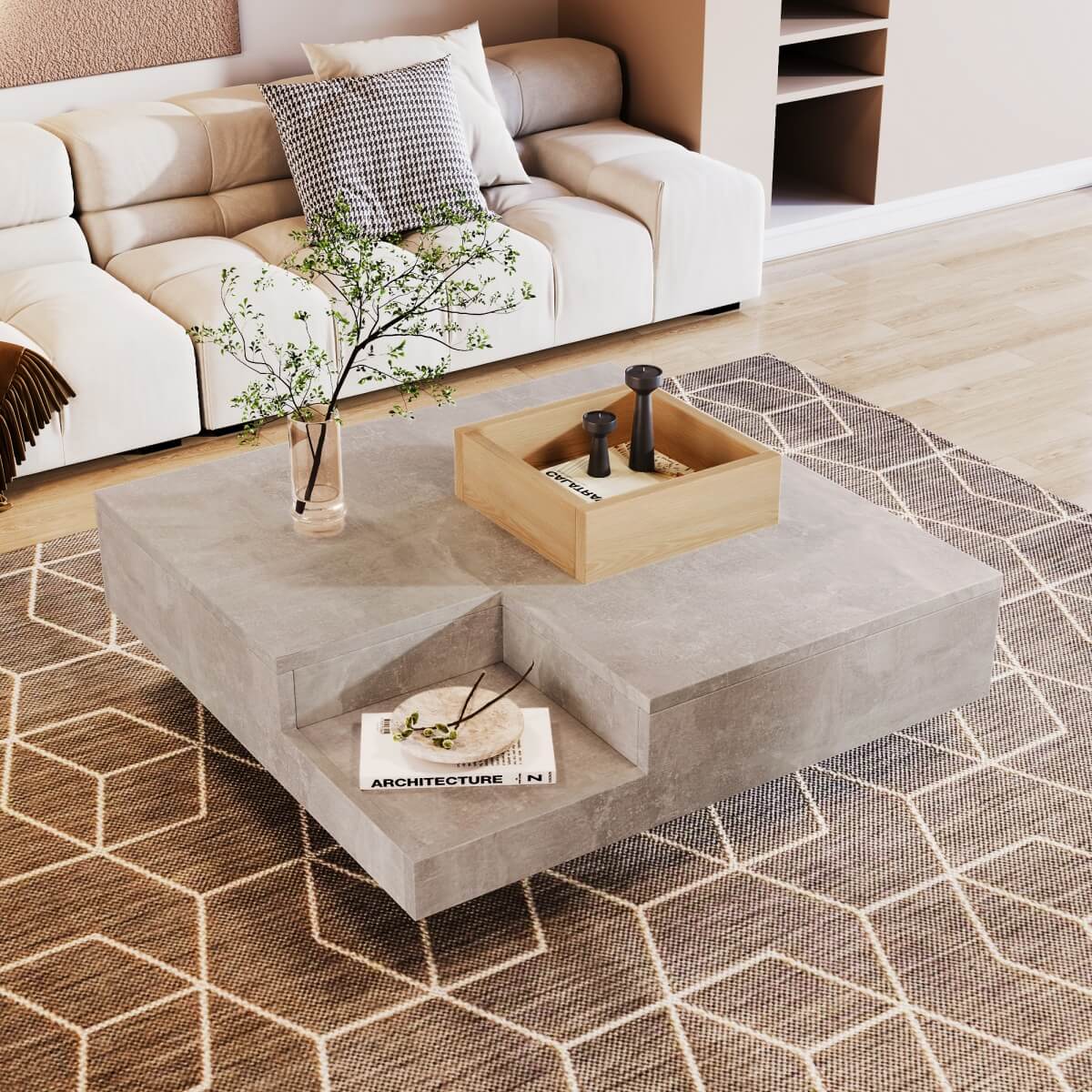 Coffee Table with Removable Storage – Living Room Side Table, Concrete Grey & Wood