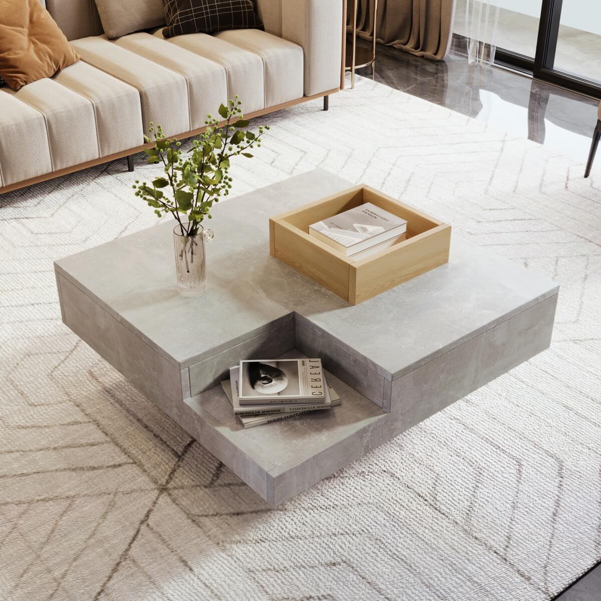 Coffee Table with Removable Storage – Living Room Side Table, Concrete Grey & Wood