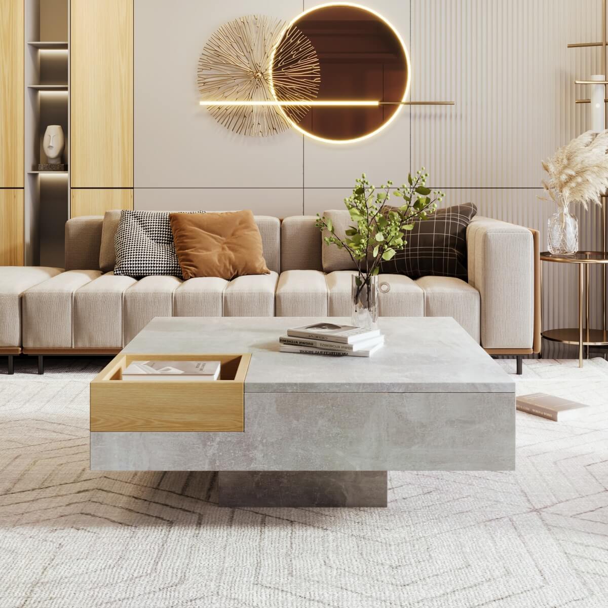 Coffee Table with Removable Storage – Living Room Side Table, Concrete Grey & Wood