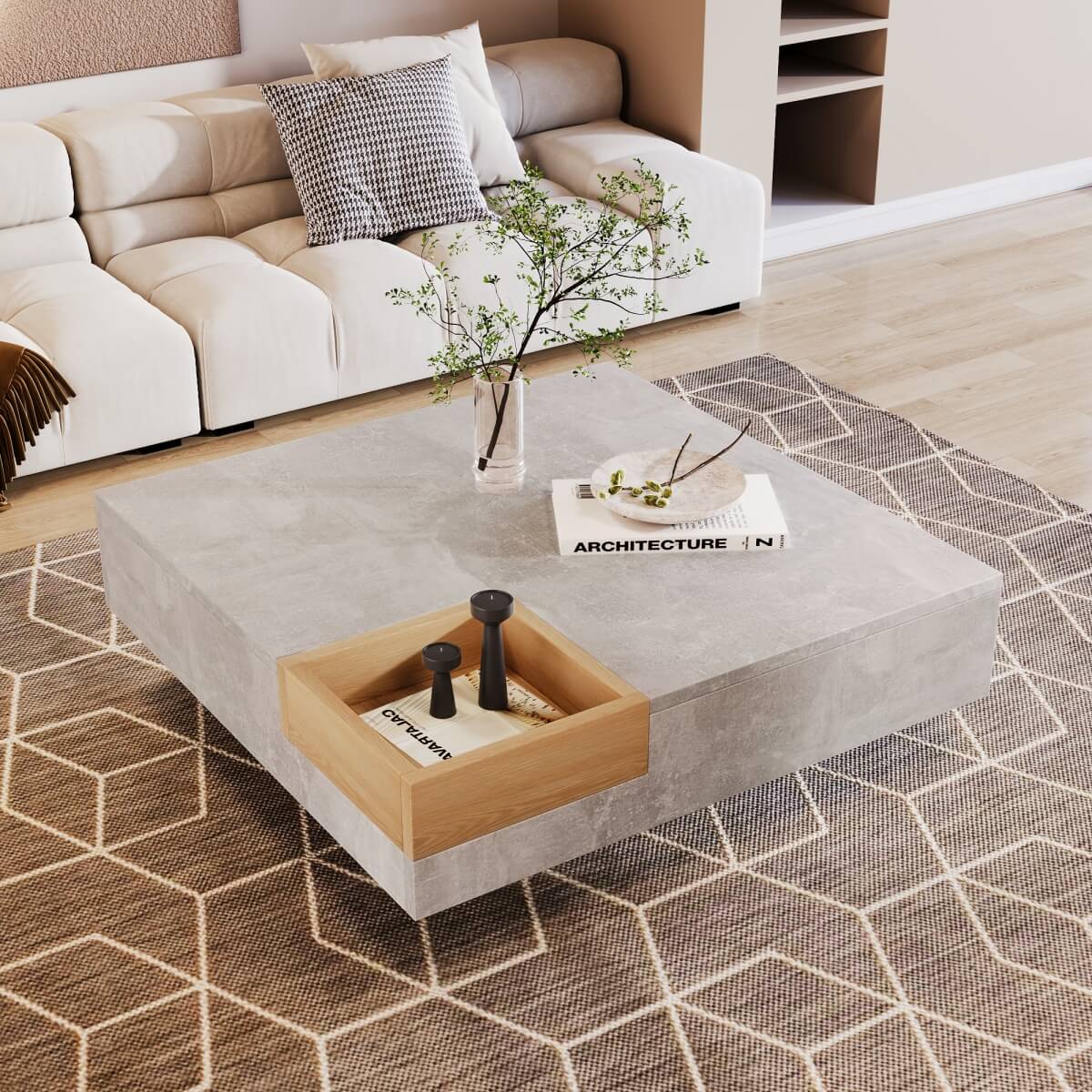 Coffee Table with Removable Storage – Living Room Side Table, Concrete Grey & Wood
