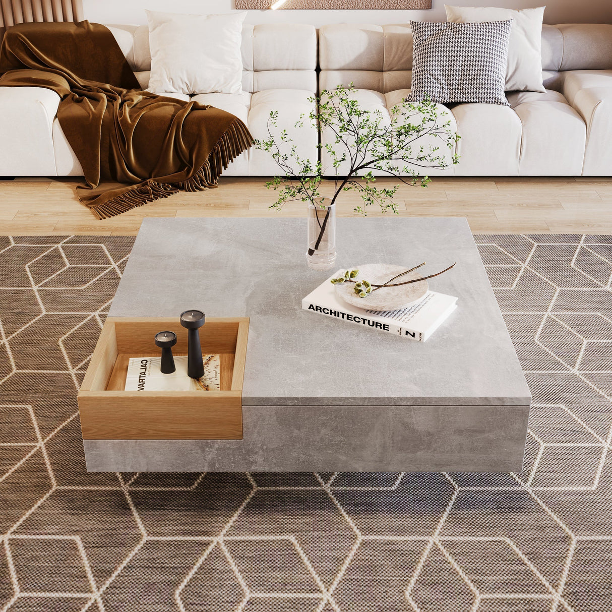 Coffee Table with Removable Storage Box, Concrete Gray and Wood Color