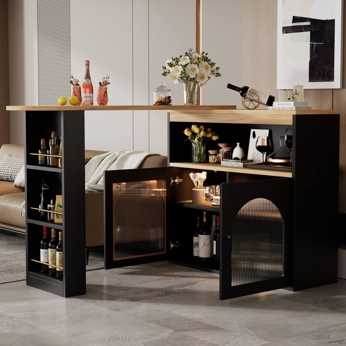 Modern Extendable Kitchen Island Bar Table with Storage - Swivel Dining Table with Adjustable Colour LED Strip, Black
