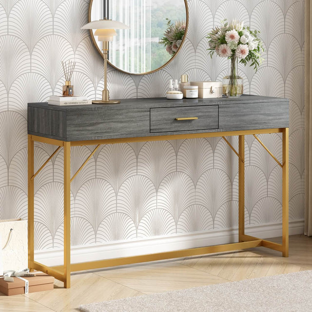 Grey & Gold Console Table with Drawer – Modern Luxury Hallway Table - Abrihome UK