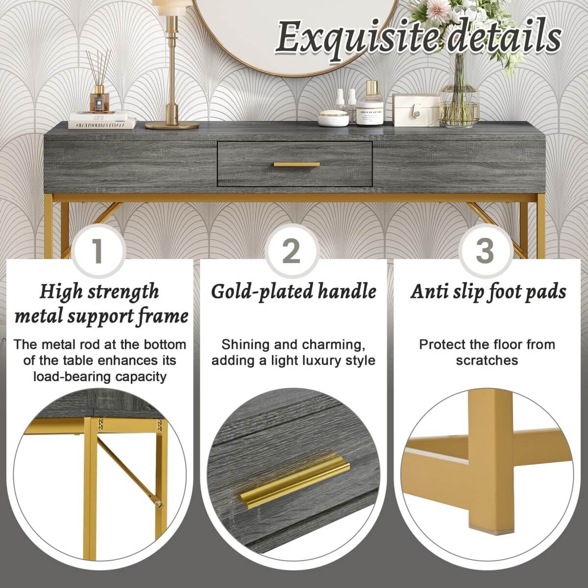 Grey & Gold Console Table with Drawer – Modern Luxury Hallway Table