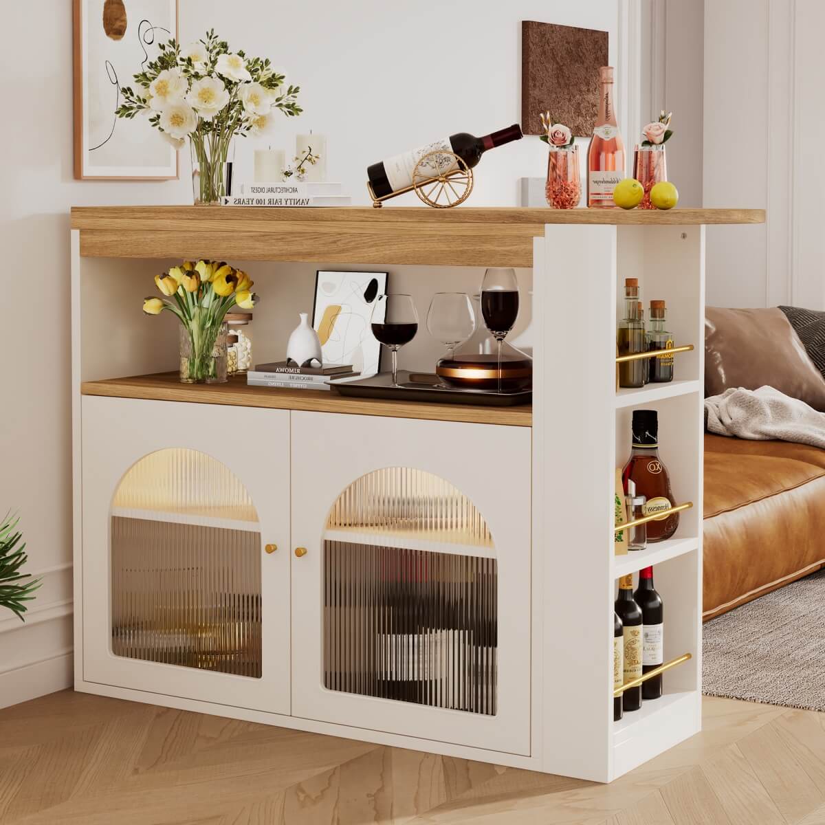 Modern Extendable Kitchen Island with Storage - Swivel Bar Table and Dining Table with Adjustable Colour LED Strip, White