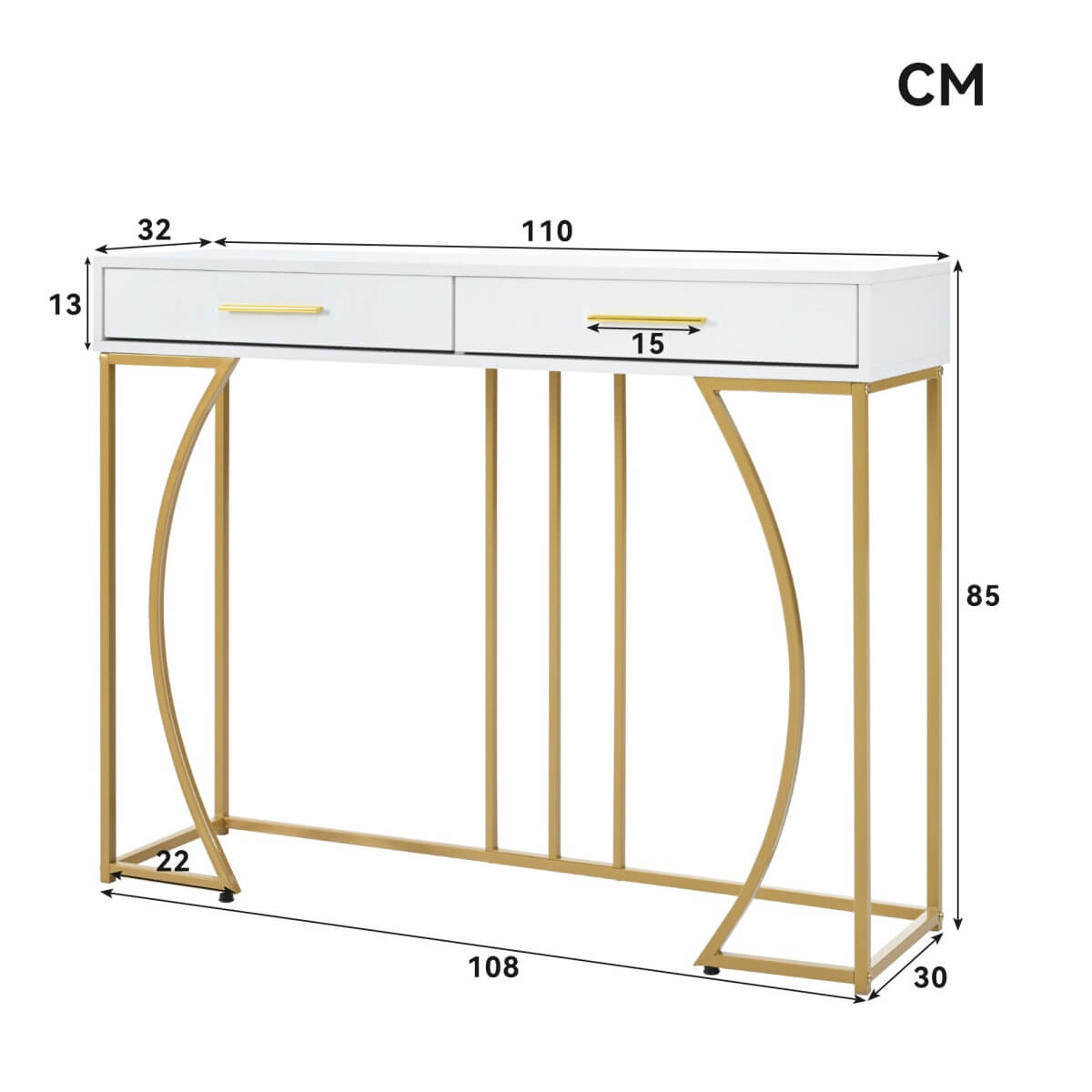 Console Table with 2 Drawers – Modern Hallway Table, White & Gold