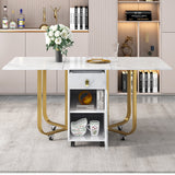 Folding Dining Table with Cupboard & 2 Drawers, Space-Saving Kitchen Utility Table, White/Gold