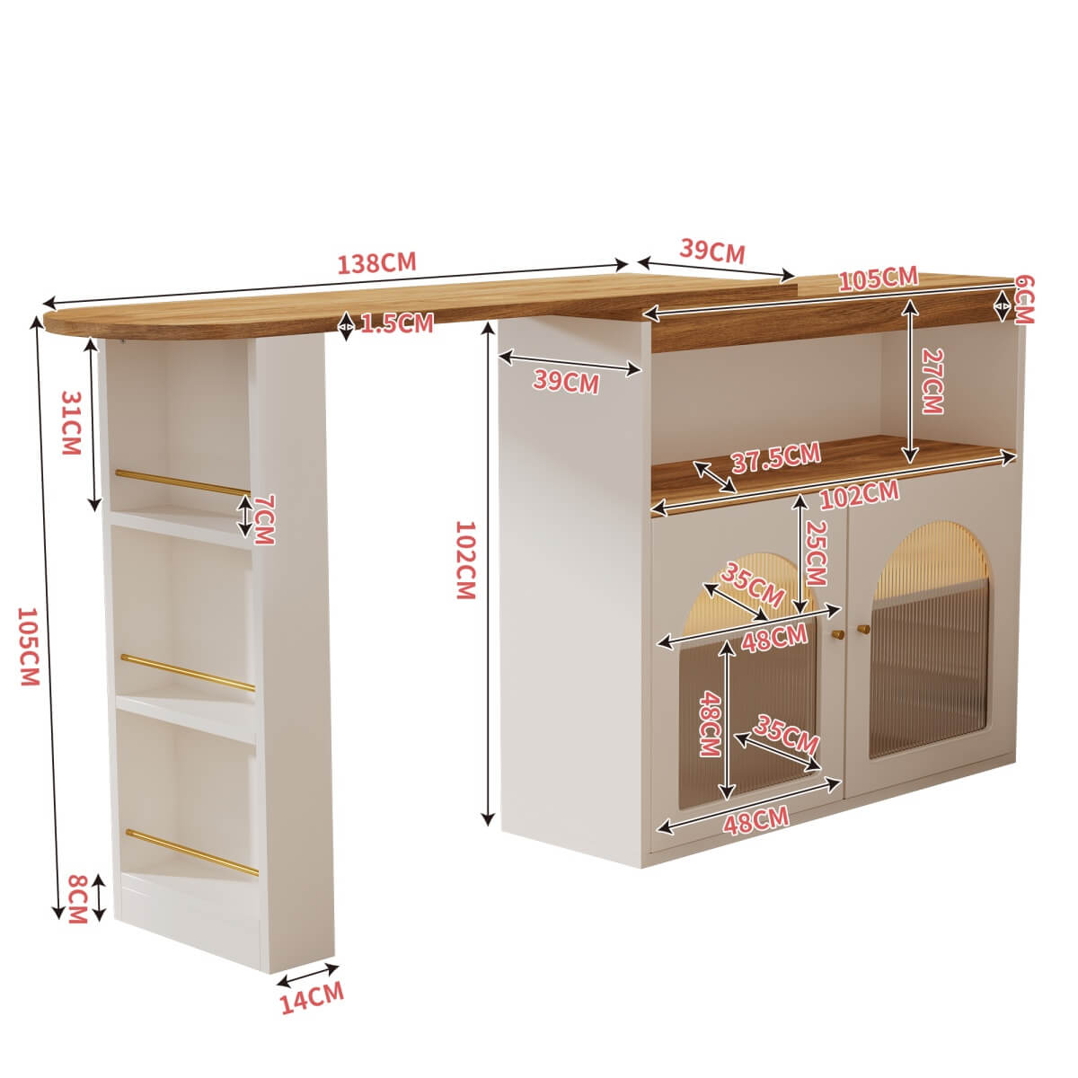 Modern Extendable Kitchen Island with Storage - Swivel Bar Table and Dining Table with Adjustable Colour LED Strip, White