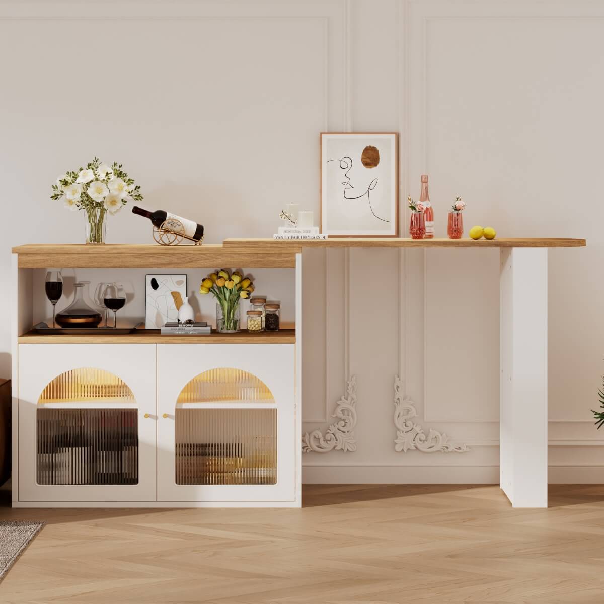 Modern Extendable Kitchen Island with Storage - Swivel Bar Table and Dining Table with Adjustable Colour LED Strip, White