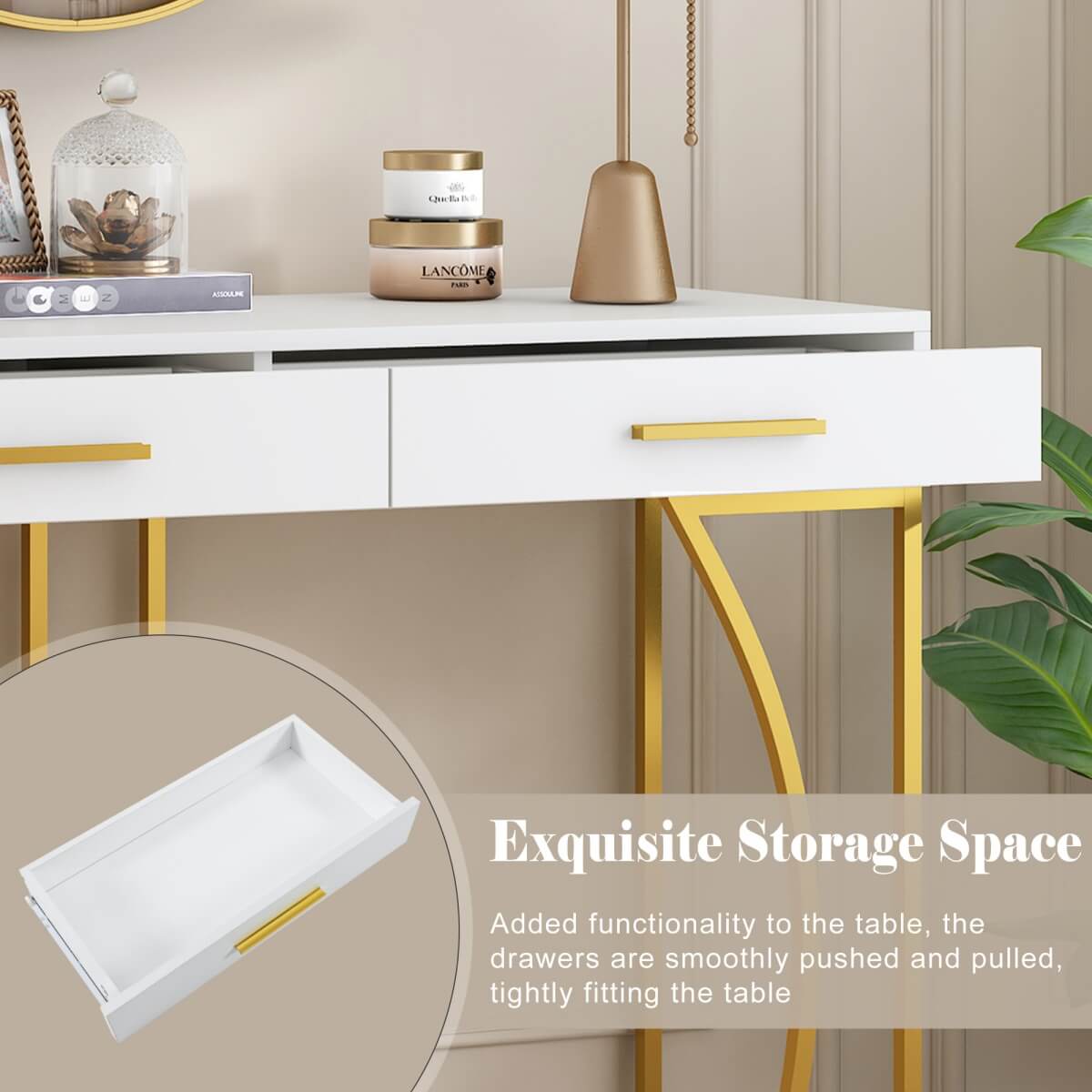 Console Table with 2 Drawers – Modern Hallway Table, White & Gold