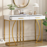 Console Table with 2 Drawers, Light Luxury Style Hallway Side Table, White/Gold
