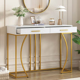 Console Table with 2 Drawers – Modern Hallway Table, White & Gold