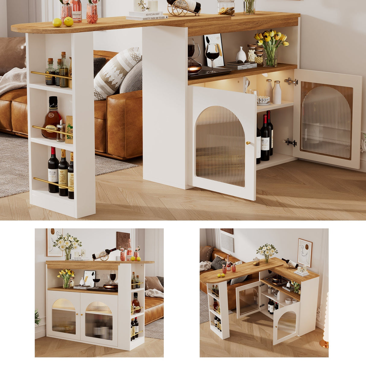 Kitchen Island Table, Extendable with Storage, Bar Bistro, Swivel & LED Strip, White