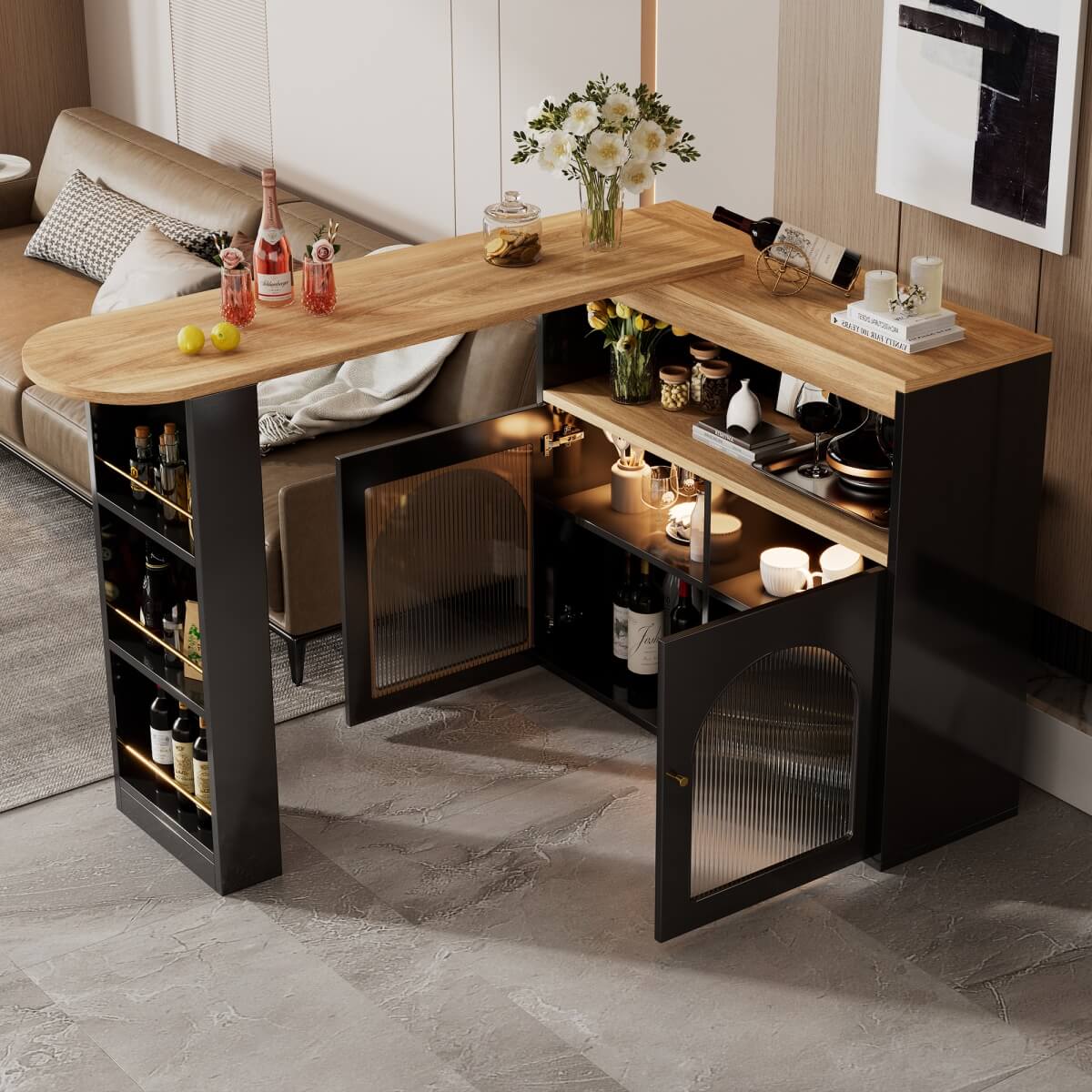 Modern Extendable Kitchen Island Bar Table with Storage - Swivel Dining Table with Adjustable Colour LED Strip, Black